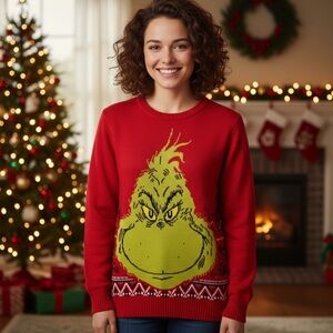 Dr. Seuss Red The Grinch Women's Holiday Crewneck Sweater Size L